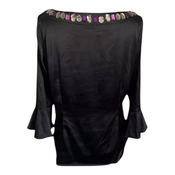 ECI New York Black Soft Satin Rhinestone Bell-Sleeve Blouse Size L Stretch Zip - Picture 2 of 12